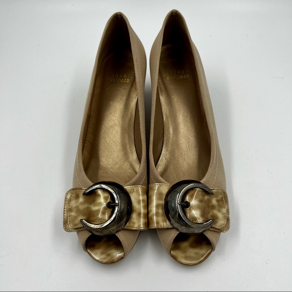 Stuart Weitzman Taupe Peep-Toe Heels with Metallic Buckle Detail